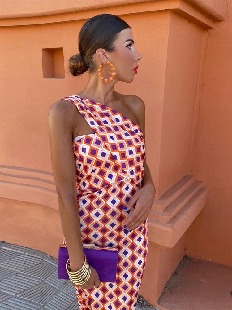Irmgardi - Robe Midi à Épaules Asymétriques