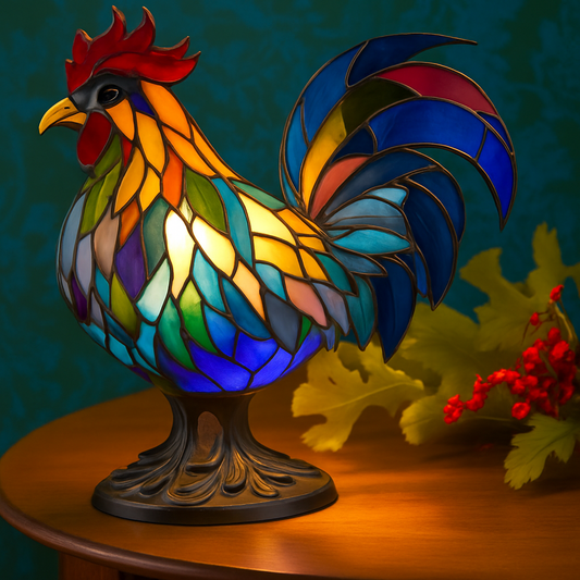 Cocotte – Lampe coq en verre coloré magique