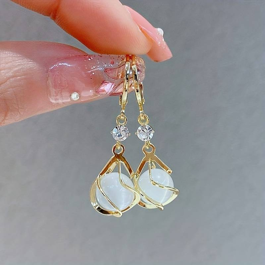 Boucles d'Oreilles en Or Pendantes avec Opale Blanche - Violet