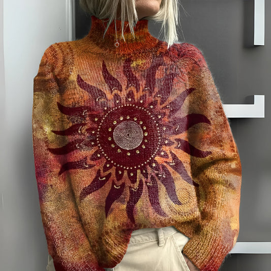 Eline - Pull à col roulé en tricot chaud avec motif tribal de soleil